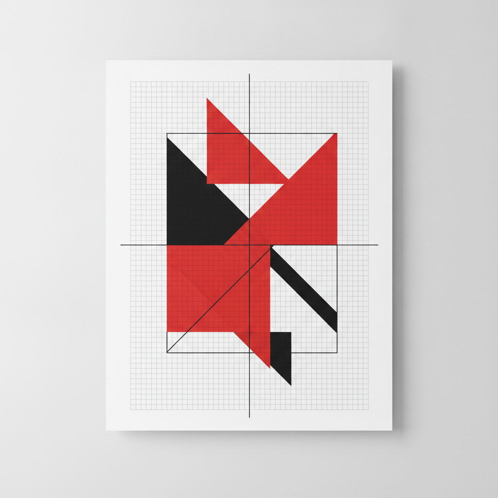 Musterentwurf: Abstraktes Plakatdesign mit geometrischen Formen in Rot, Schwarz und Weiß